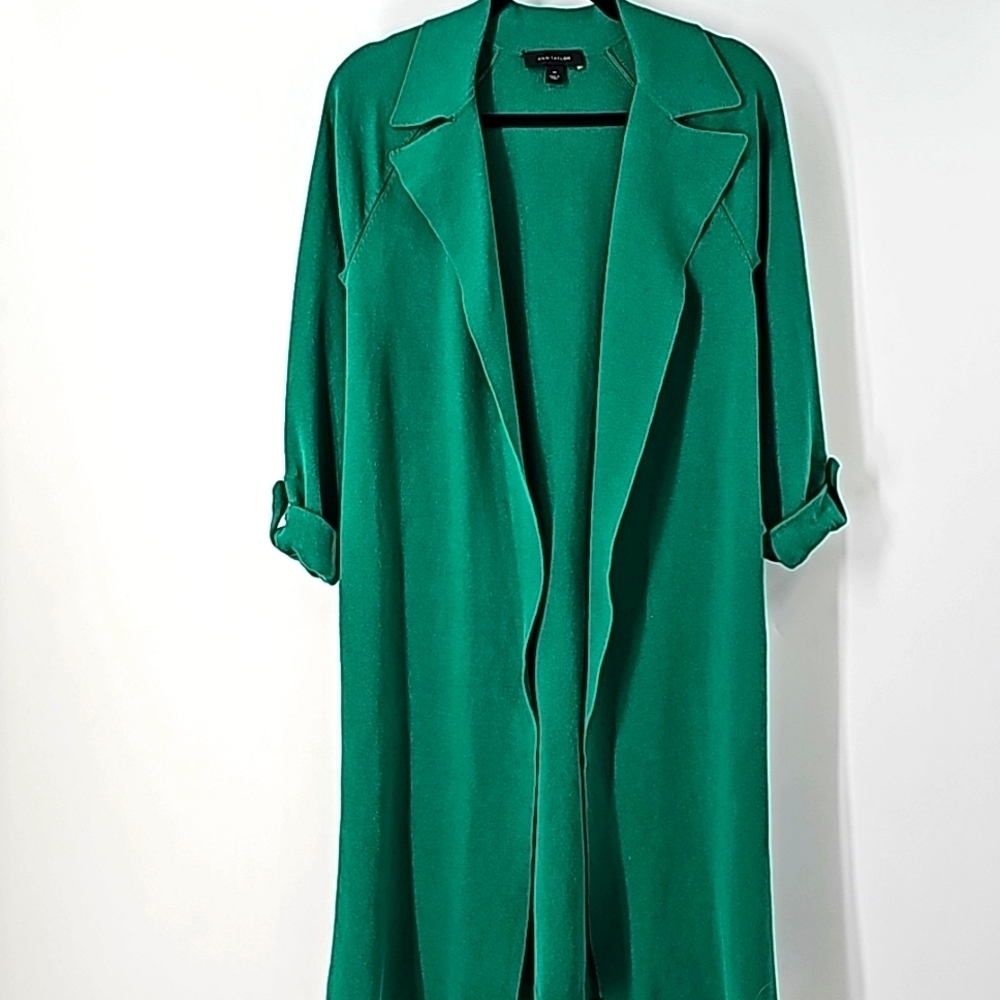 Ann Taylor Green Knee Length Duster Sweater w Rolled Sleeves+Side‎ Slits - Picture 16 of 17